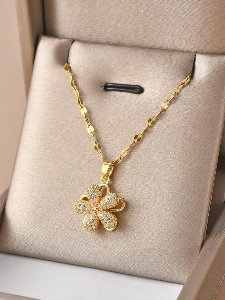 Rotatable Five-Petal Flower Gold Plated Women’s Necklace (With gift box)