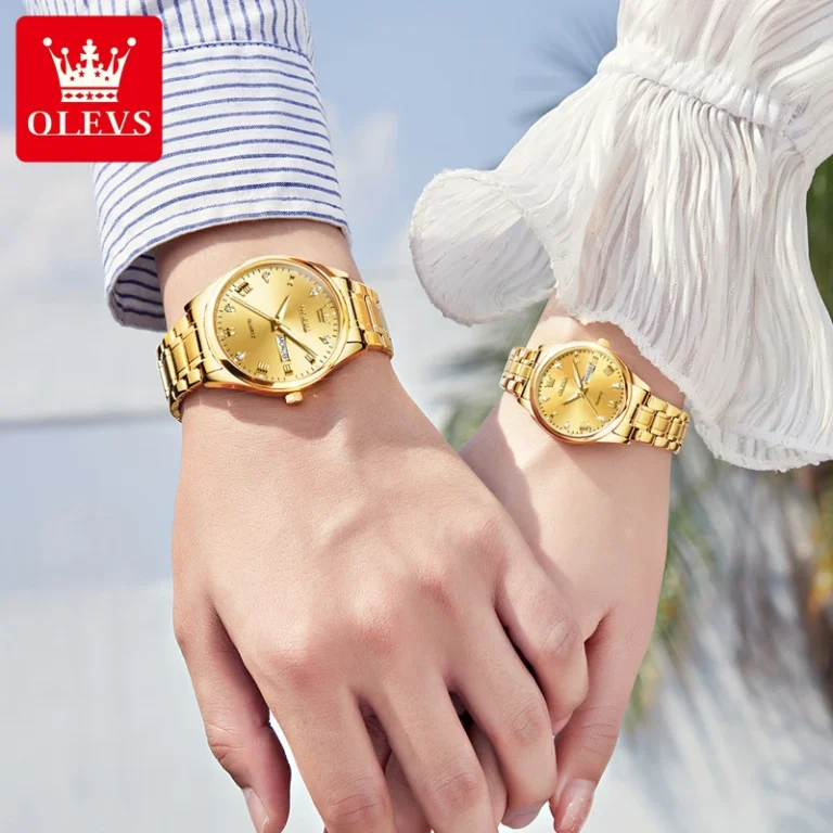 Olevs Water Resistance Stainless Steel fashionable gold Couple watches
