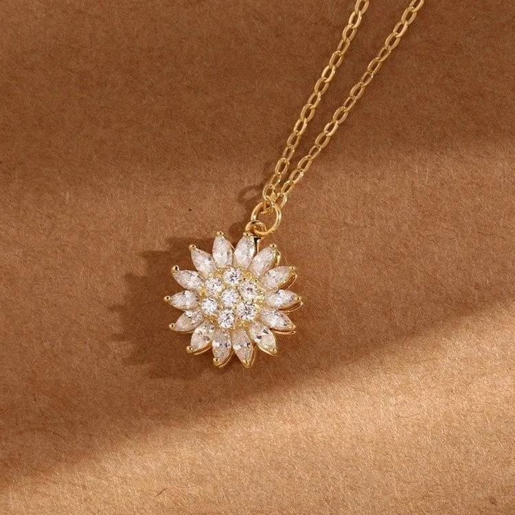 925 Sterling Golden Spinning Crystal Sunflower Fidget Necklace