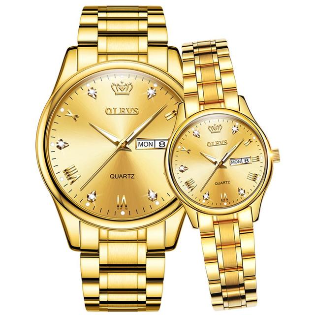 Olevs Water Resistance Stainless Steel fashionable gold Couple watches